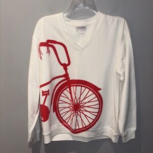 Marushka‎ Hand Prints White Red Bicycle Sweatshirt V-neck Casual Comfy SzL